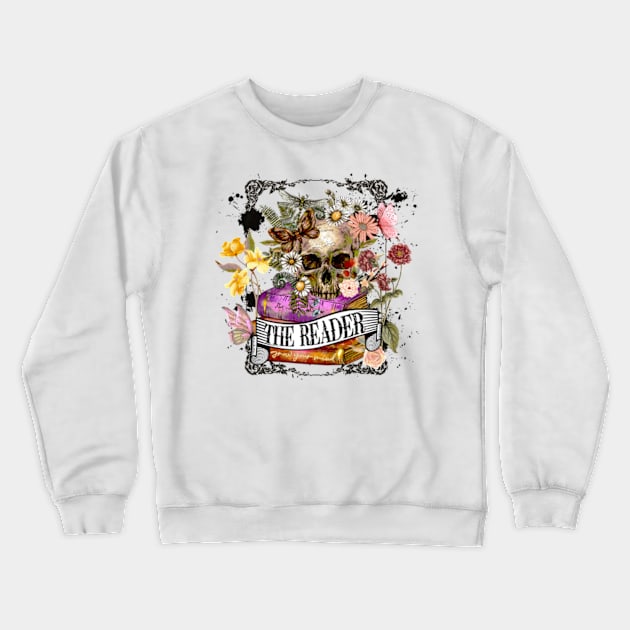 The Reader Cute Skull and Flowers Reader Bookworm Gifts 2024 Crewneck Sweatshirt by sarcasmandadulting